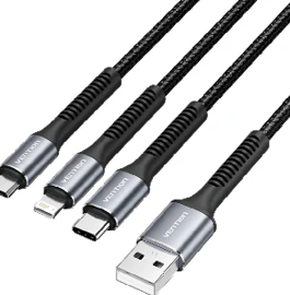Vention Cotton Braided USB 2.0 A Male to 3-in-1 USB-C & Micro-B & Lightning Male 2A Cable 1.2M Black Aluminium Alloy Type [Accessories]